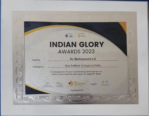 Received Indian Glory Awards 2023 as Best Pediatric Urologist in Delhi. Dr Brahmanand Lal Senior Consultant Pediatric Surgeon and Pediatric Urologist